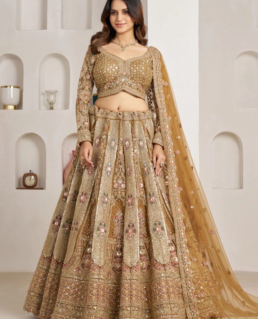 GOLD - Gold Net Diamond, Embroidered, Resham, Sequins and Zari Work Lehenga Choli for Engagement